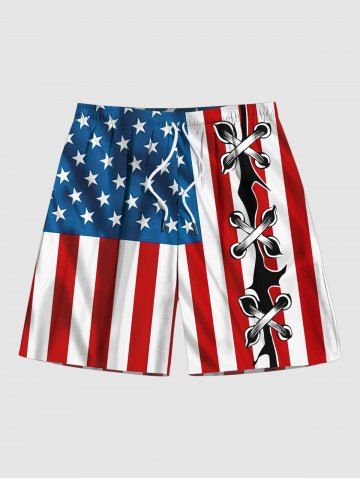 Plus Size Patriotic American Flag Ripped Lace Up 3D Print Beach Shorts For Men - MULTI-A - 5XL