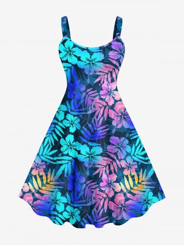 Plus Size Colorful Ombre Coconut Leaf Floral Print Hawaii Backless A Line Tank Dress - MULTI-A - XS