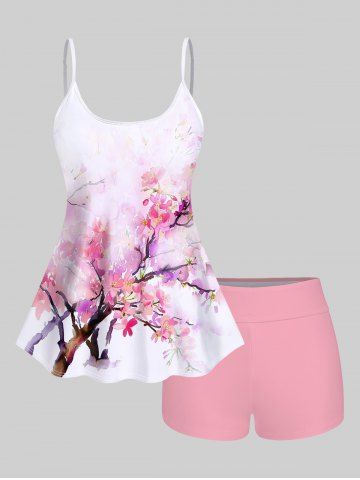 Watercolor Peach Blossom Flower Branch Print Boyleg Tankini Swimsuit - LIGHT PINK - L