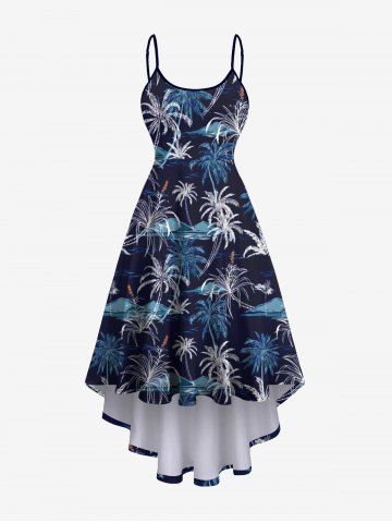 Plus Size Coconut Tree Mountain Print Hawaii High Low Cami Dress - BLACK - XS