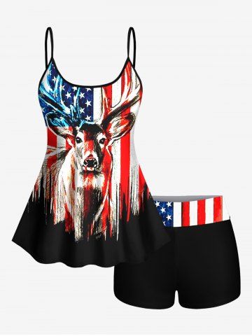 Plus Size American Flag Reindeer Print Boyleg Tankini Swimsuit (Adjustable Shoulder Strap) - BLACK - L