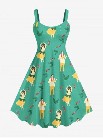 Plus Size Hula Dancer Leaf Printed Hawaii Backless A Line Tank Dress - GREEN - S