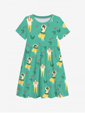 Kid's Hula Dancer Leaf Printed Hawaii Dress - GREEN - 150