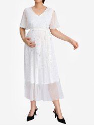 Plus Size Sparkling Sequin Pleated Polka Dot Belted Layered Maternity A Line Dress -  