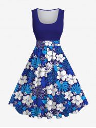 Robe Vintage Trapèze Feuille de Palmier et Fleur Imprimés de Grande Taille - Bleu L