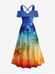 Robe Hawaïen Croisée Ombrée Cocotier Imprimé à Epaule Dénudée Grande Taille - Multi-A 5X