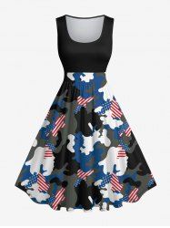 Robe Vintage Trapèze Drapeau Américain en Blocs de Couleurs Camouflage Imprimé de Grande Taille - Noir XS