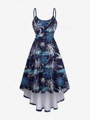 Robe Haute Basse à Bretelle de Grande Taille Arbre de Noix de Coco Imprimé - Noir XS