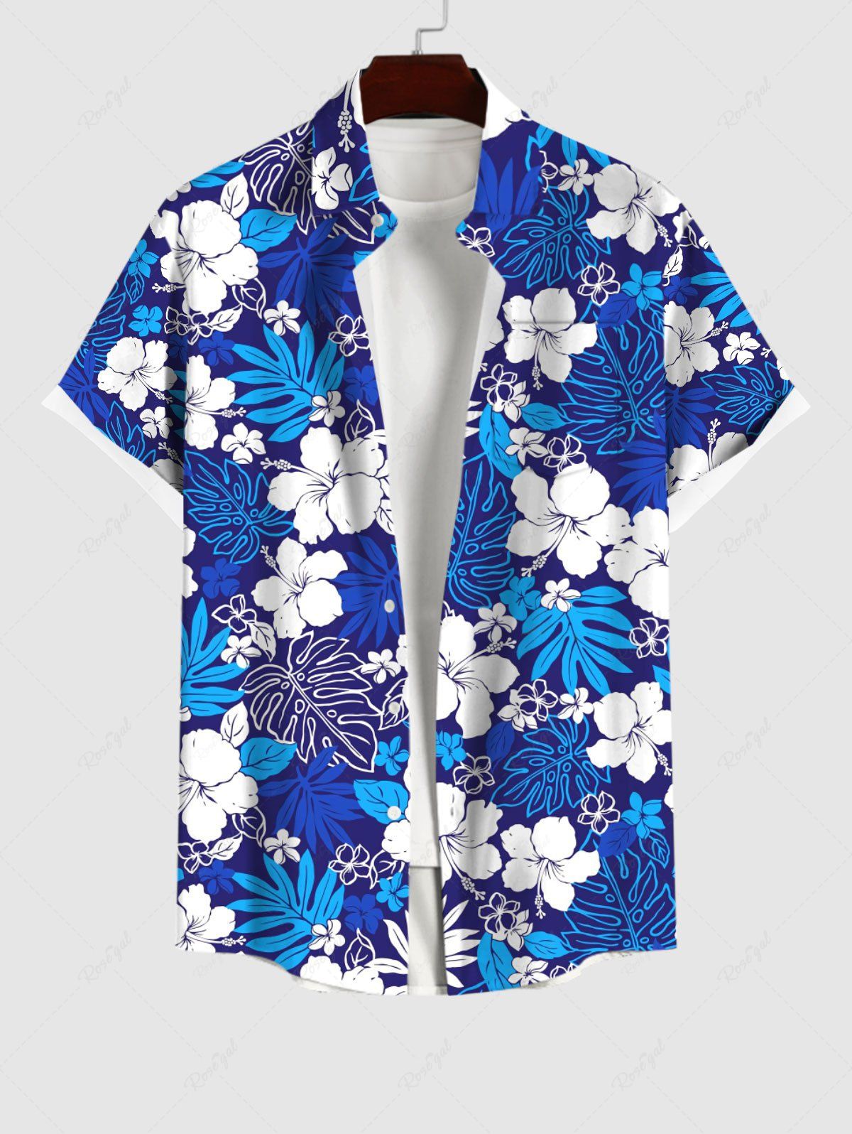 Latest Plus Size Flower Palm Leaf Print Buttons Pocket Hawaii Shirt For Men  