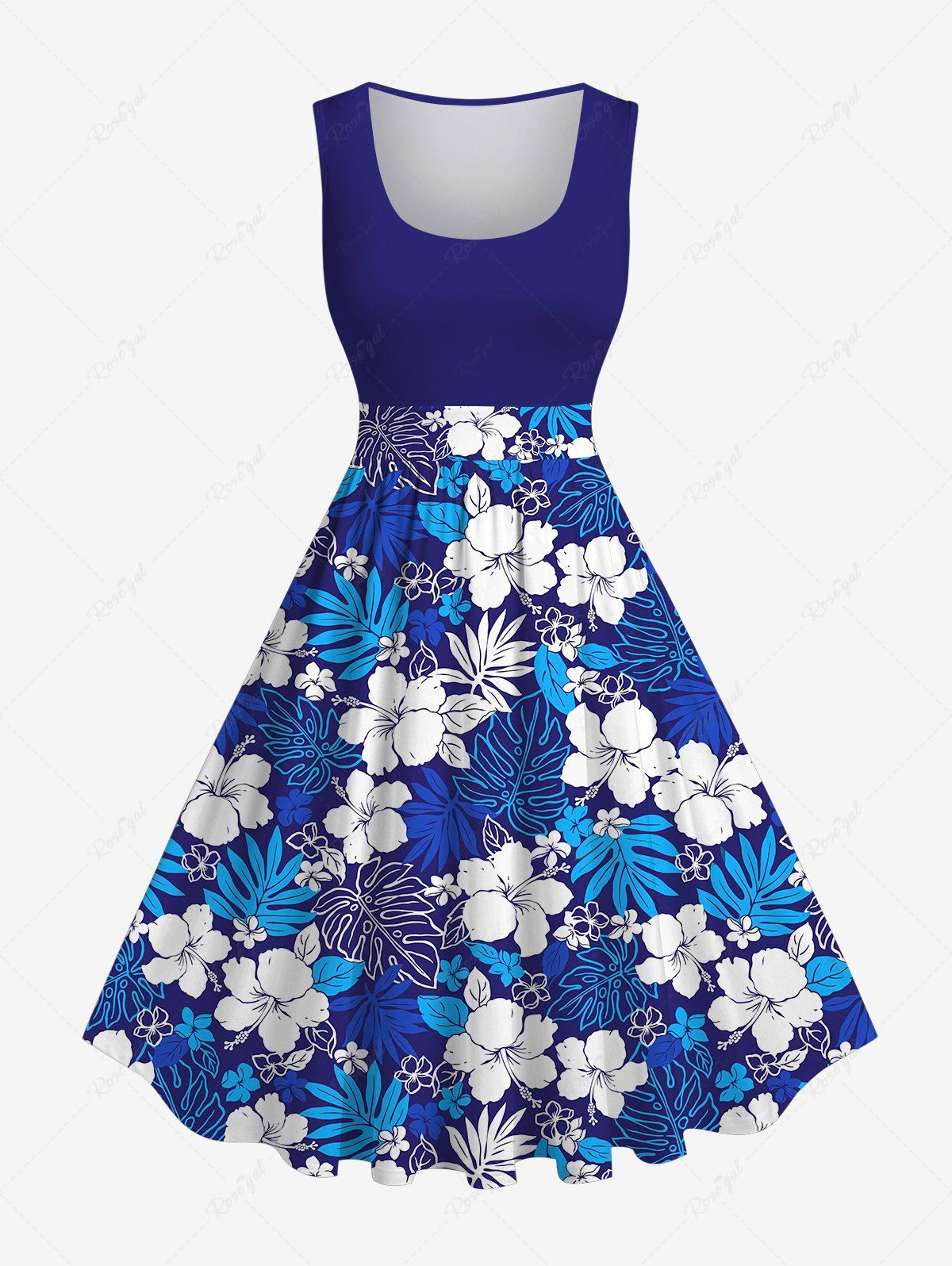 Robe Vintage Trapèze Feuille de Palmier et Fleur Imprimés de Grande Taille Bleu L