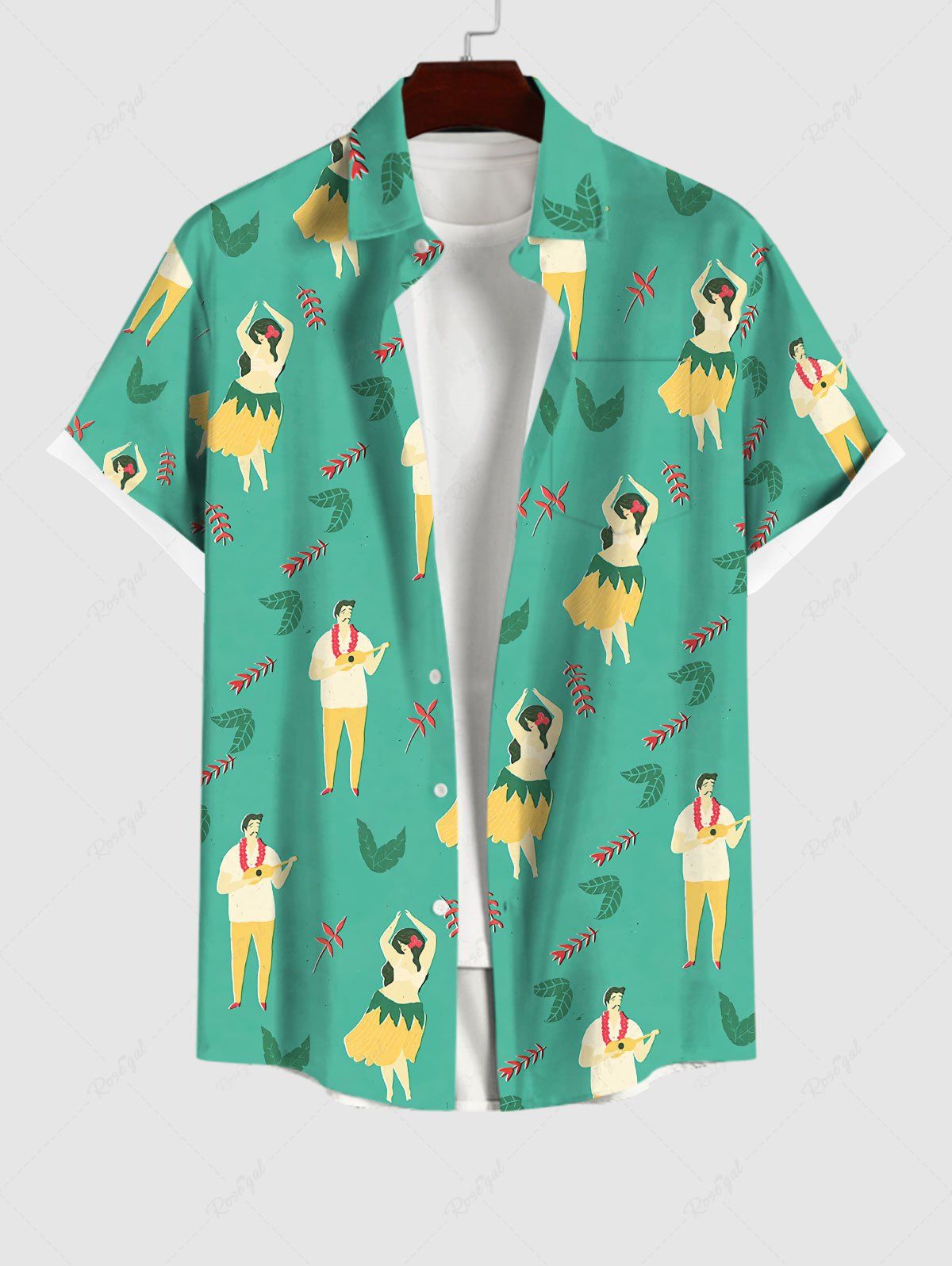 Fancy Plus Size Hula Dancer Leaf Print Hawaii Button Pocket Shirt For Men  