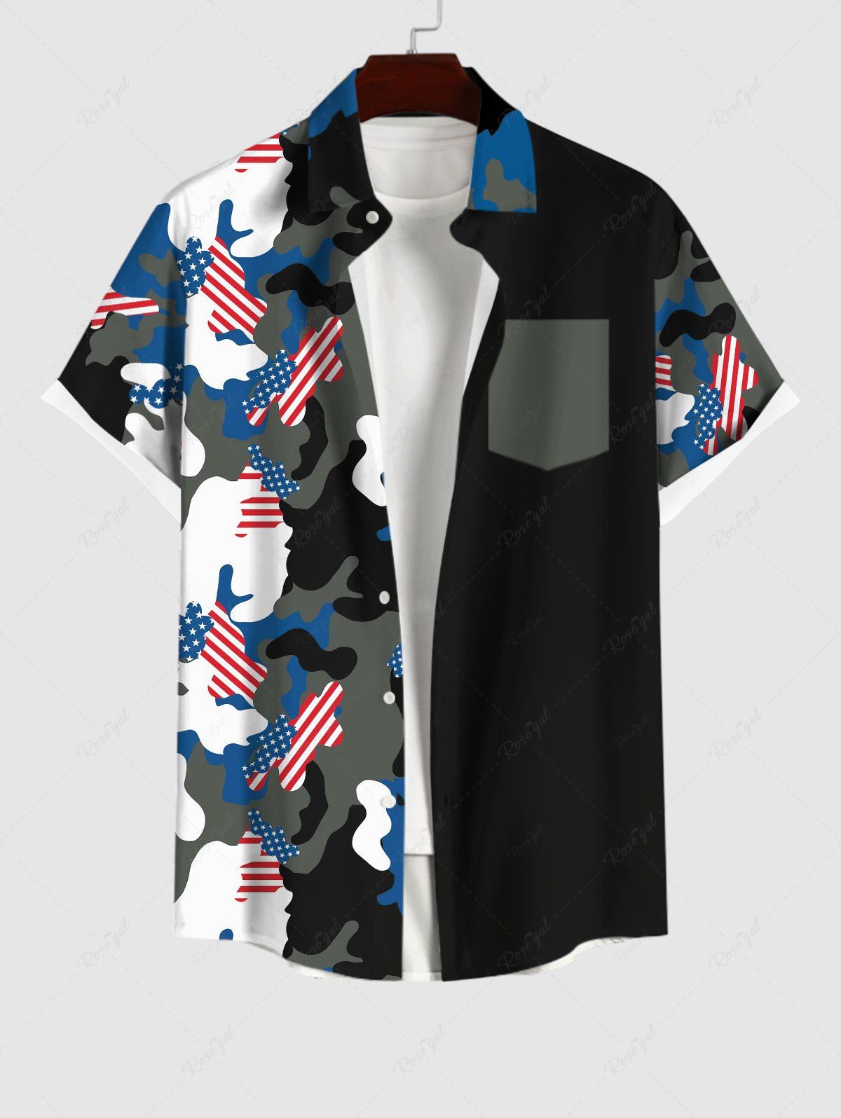Chemise Camouflage Drapeau Américain Imprimé en Blocs de Couleurs avec Poche de Grande Taille Noir 3XL
