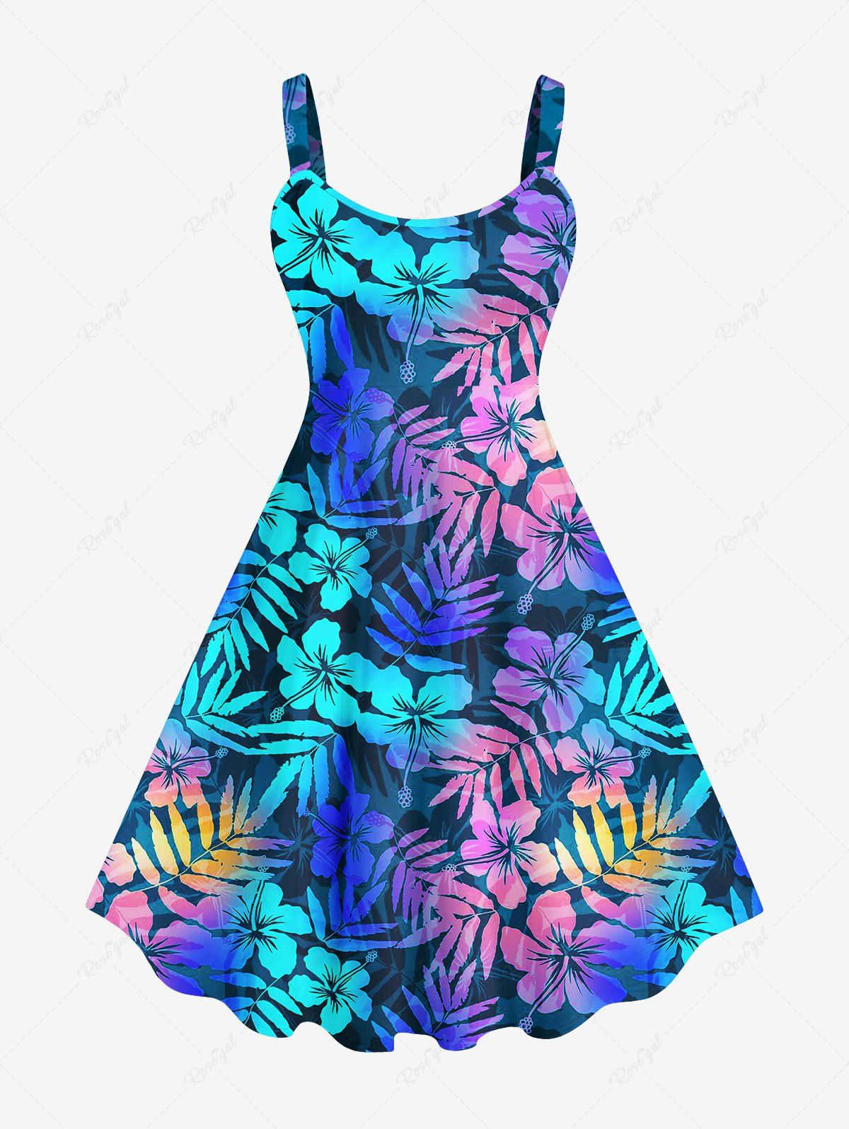Robe Pin-Up Imprimée Feuille Tropicale Colorée Grande Taille à Dos Nu Multi-A 3X