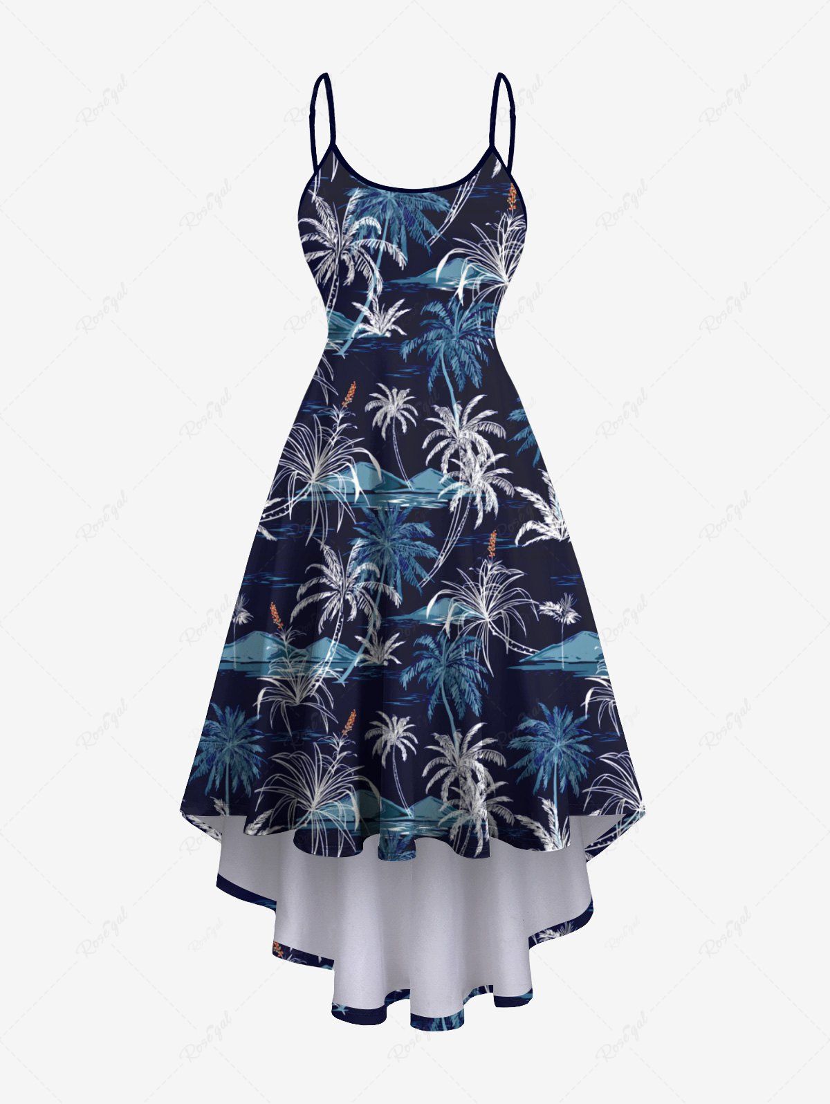 Robe Haute Basse à Bretelle de Grande Taille Arbre de Noix de Coco Imprimé Noir XS