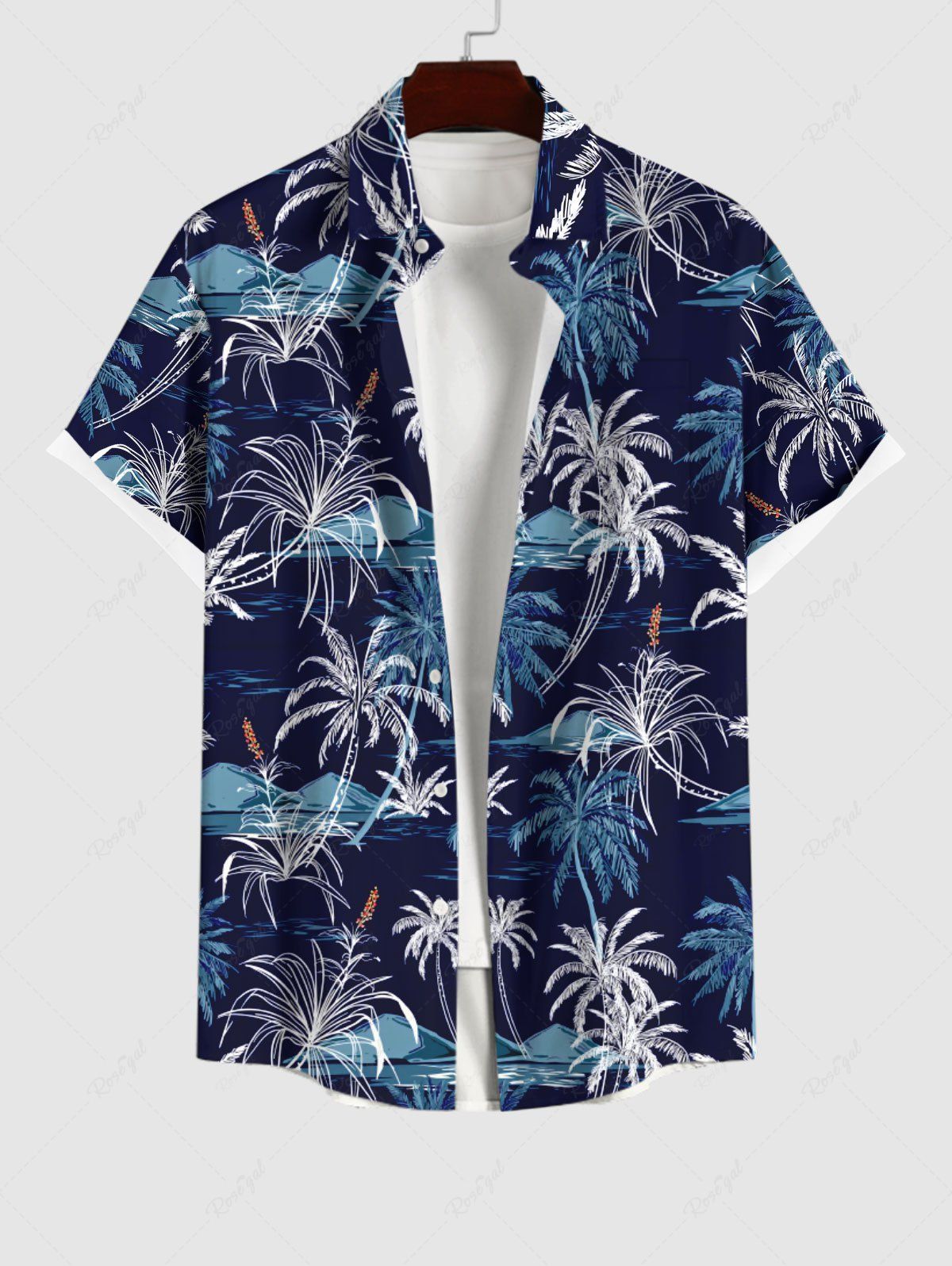 Chemise Imprimé Cocotier à Boutons Grande Taille avec Poche pour Homme Noir S