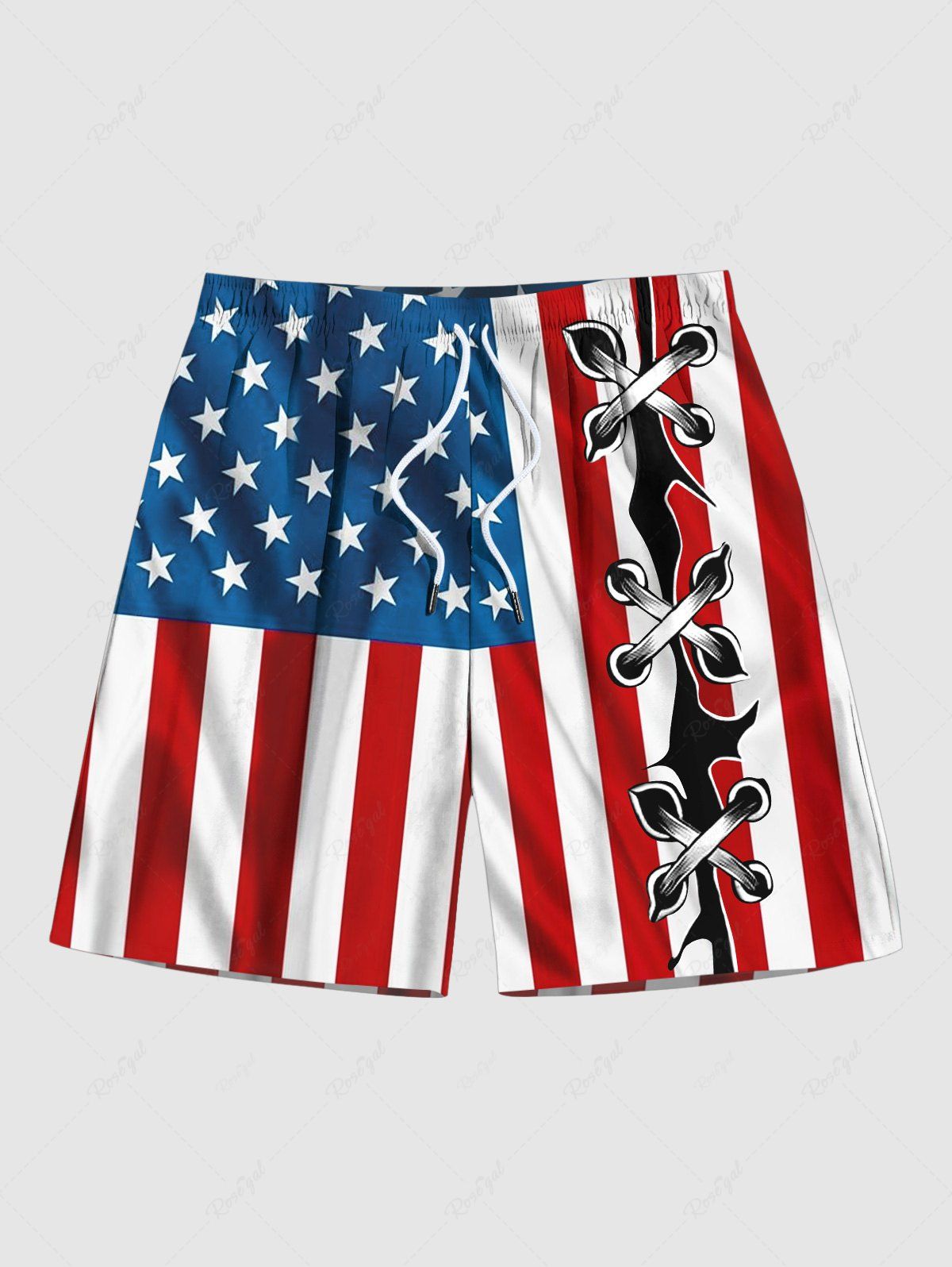 Trendy Plus Size Patriotic American Flag Ripped Lace Up 3D Print Beach Shorts For Men  