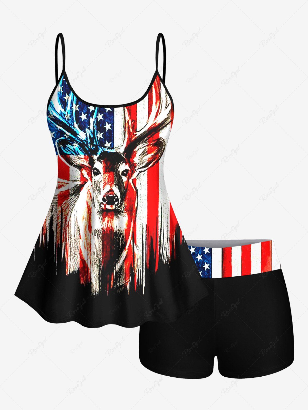 Online Plus Size American Flag Reindeer Print Boyleg Tankini Swimsuit (Adjustable Shoulder Strap)  