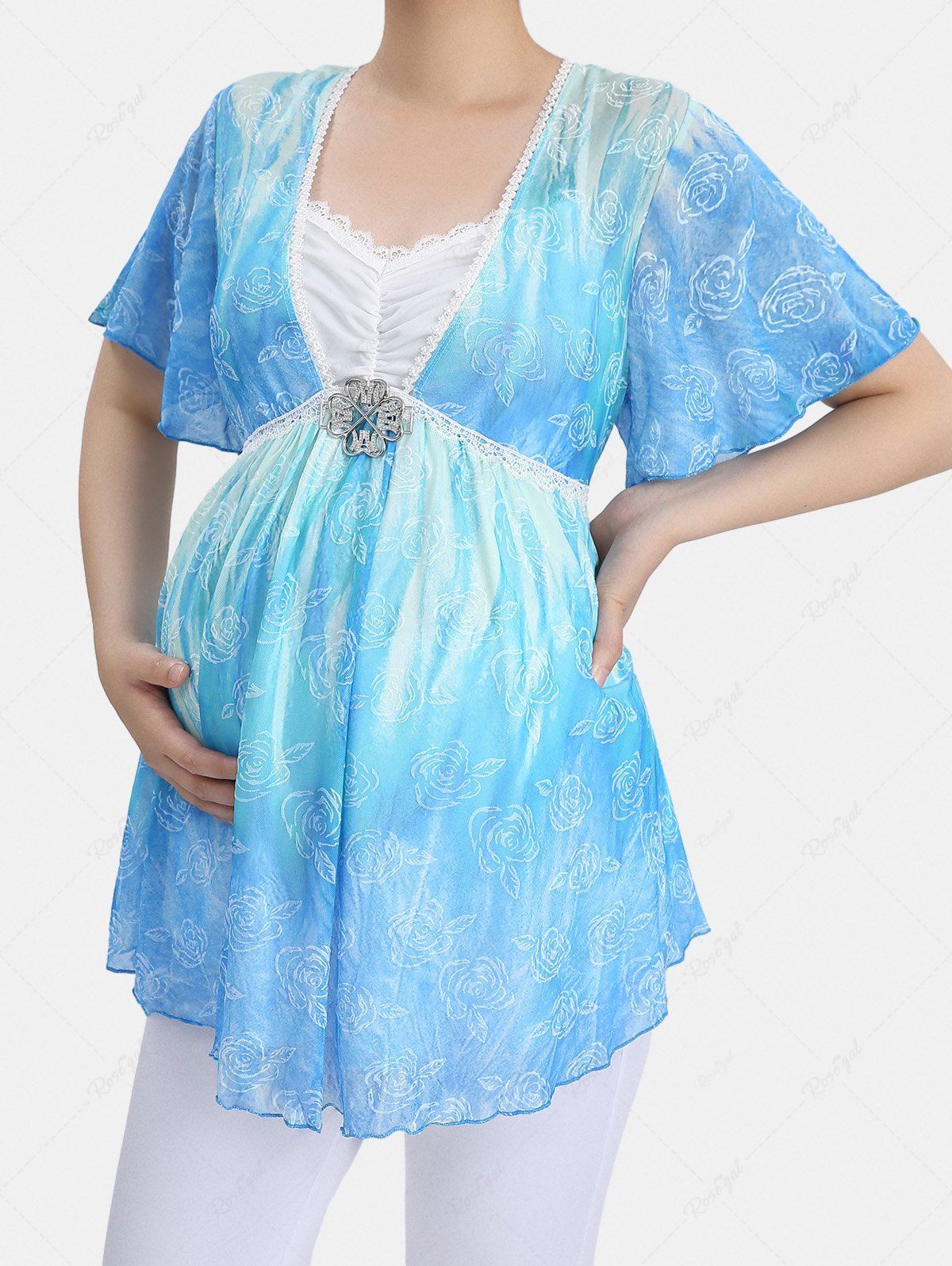 Buy Plus Size Rose Mesh Ruched Flower Buckle Lace Trim Ruffles Flutter Sleeve Maternity 2 In 1 T-shirt  