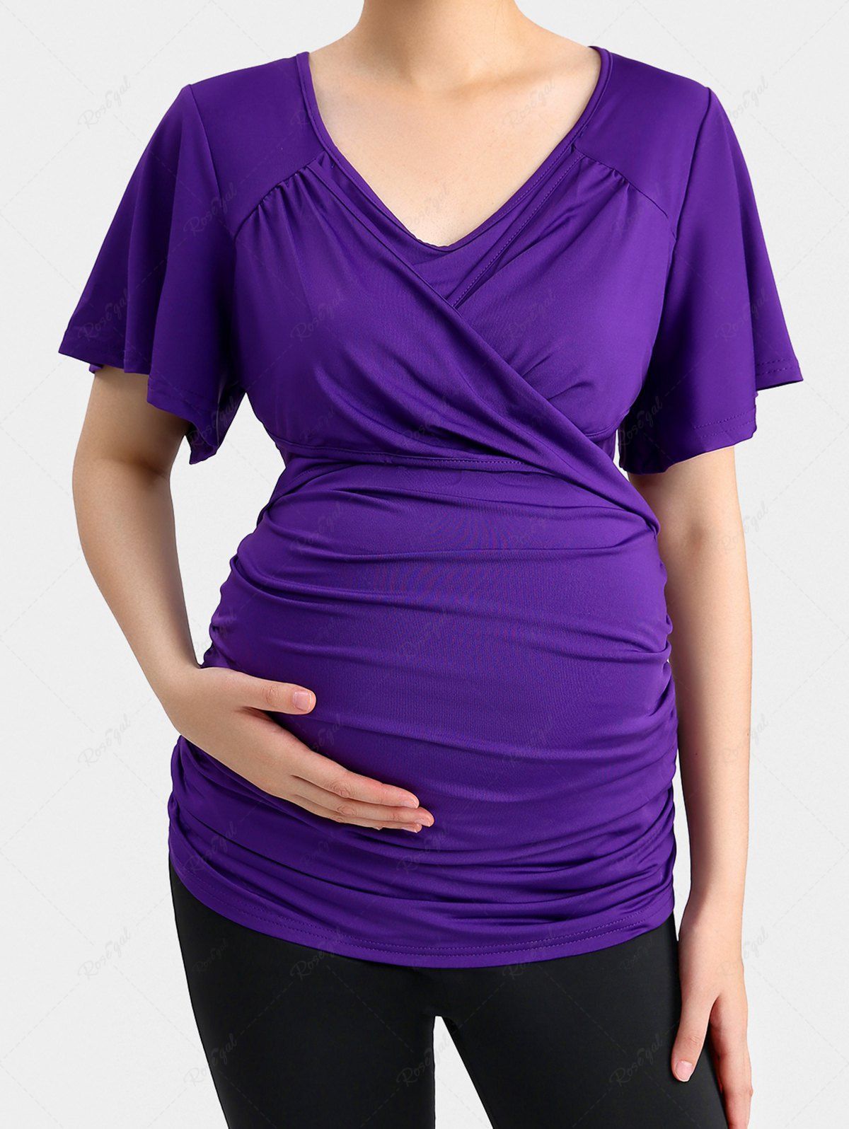 Latest Plus Size Surplice Solid Ruched Maternity Top  
