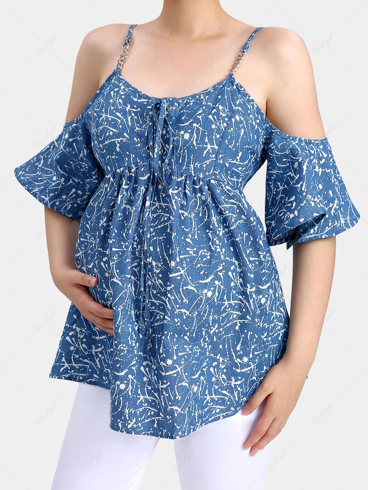 Hot Plus Size Paint Splatter Print Lace Up Grommets Chains Cold Shoulder Maternity Blouse  