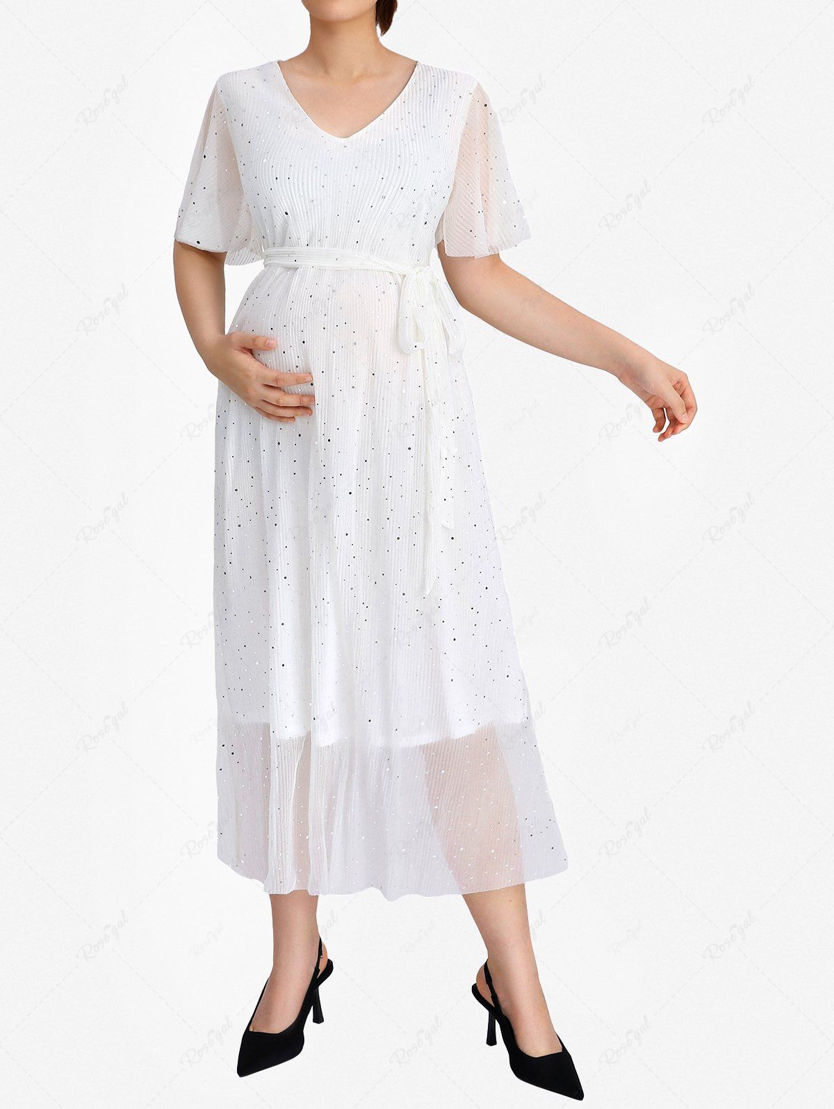 Latest Plus Size Sparkling Sequin Pleated Polka Dot Belted Layered Maternity A Line Dress  