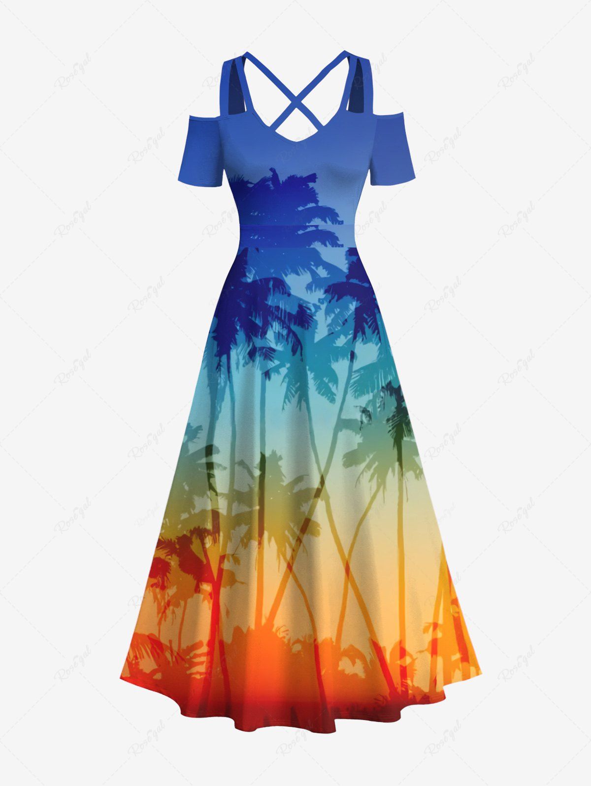 Robe Hawaïen Croisée Ombrée Cocotier Imprimé à Epaule Dénudée Grande Taille Multi-A 5X