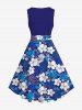 Robe Vintage Trapèze Feuille de Palmier et Fleur Imprimés de Grande Taille - Bleu L