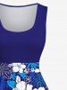 Robe Vintage Trapèze Feuille de Palmier et Fleur Imprimés de Grande Taille - Bleu L