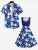 Robe Vintage Trapèze Feuille de Palmier et Fleur Imprimés de Grande Taille - Bleu L