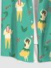 Plus Size Hula Dancer Leaf Print Hawaii Button Pocket Shirt For Men -  