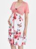 Plus Size Flower Print Cinched Short Sleeves A Line Maternity Dress -  