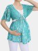 Plus Size Floral Flocking Mesh Bowknot Button Chains Panel Surplice Ruched Ruffles Lace Trim Tie 2 in 1 Maternity Top -  