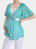 Plus Size Floral Flocking Mesh Bowknot Button Chains Panel Surplice Ruched Ruffles Lace Trim Tie 2 in 1 Maternity Top -  