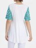 Plus Size Floral Flocking Mesh Bowknot Button Chains Panel Surplice Ruched Ruffles Lace Trim Tie 2 in 1 Maternity Top -  