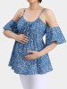Plus Size Paint Splatter Print Lace Up Grommets Chains Cold Shoulder Maternity Blouse -  