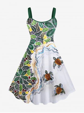 Plus Size Coconut Leaves Turtle Sea Waves Print Hawaii Sea Creatures Backless A Line Tank Dress - MULTI-A - S