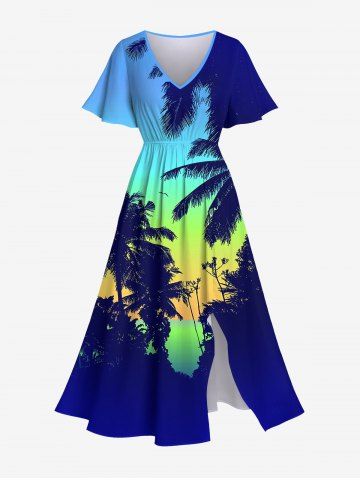 Plus Size Coconut Tree Bird Ombre Print Pocket Split Hawaii Dress - BLUE - XS