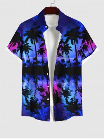 Plus Size Coconut Tree Ombre Aurora Sea Print Hawaii Button Pocket Shirt For Men - MULTI-A - M