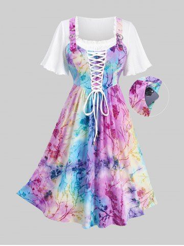 Plus Size Lace Up Tie Dye Flocking Flowers Ruffles Pocket Jacquard Ribbed Textured Dress - MULTI-F - L | US 12