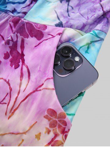 Plus Size Lace Up Tie Dye Flocking Flowers Ruffles Pocket Jacquard Ribbed Textured Dress