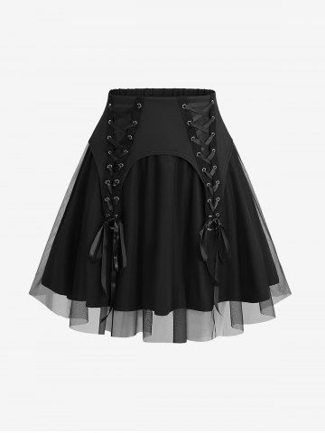 Plus Size Mesh Lace Up Layered Solid A Line Skirt - BLACK - L | US 12