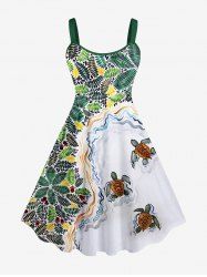 Plus Size Coconut Leaves Turtle Sea Waves Print Hawaii Sea Creatures Backless A Line Tank Dress -  