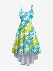 Plus Size Floral Striped Graffiti Print Hawaii High Low Asymmetric A Line Cami Dress -  
