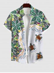 Plus Size Coconut Leaves Turtle Sea Waves Print Hawaii Sea Creatures Button Pocket Shirt For Men -  
