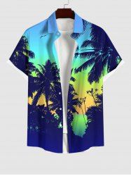 Plus Size Coconut Tree Bird Ombre Print Buttons Pocket Hawaii Shirt For Men -  