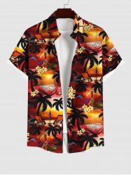 Chemise de Détente Longue Durée avec Boutons et Poche à Imprimé Cocotiers et Fleurs Grande-Taille pour Hommes - Multi-A L