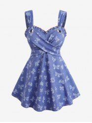 Plus Size Bowknot Print Ruffles Grommets Crisscross Panel Tank Top -  