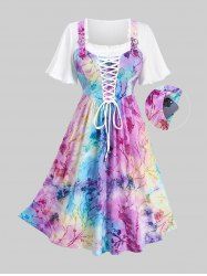 Plus Size Lace Up Tie Dye Flocking Flowers Ruffles Pocket Jacquard Ribbed Textured Dress -  