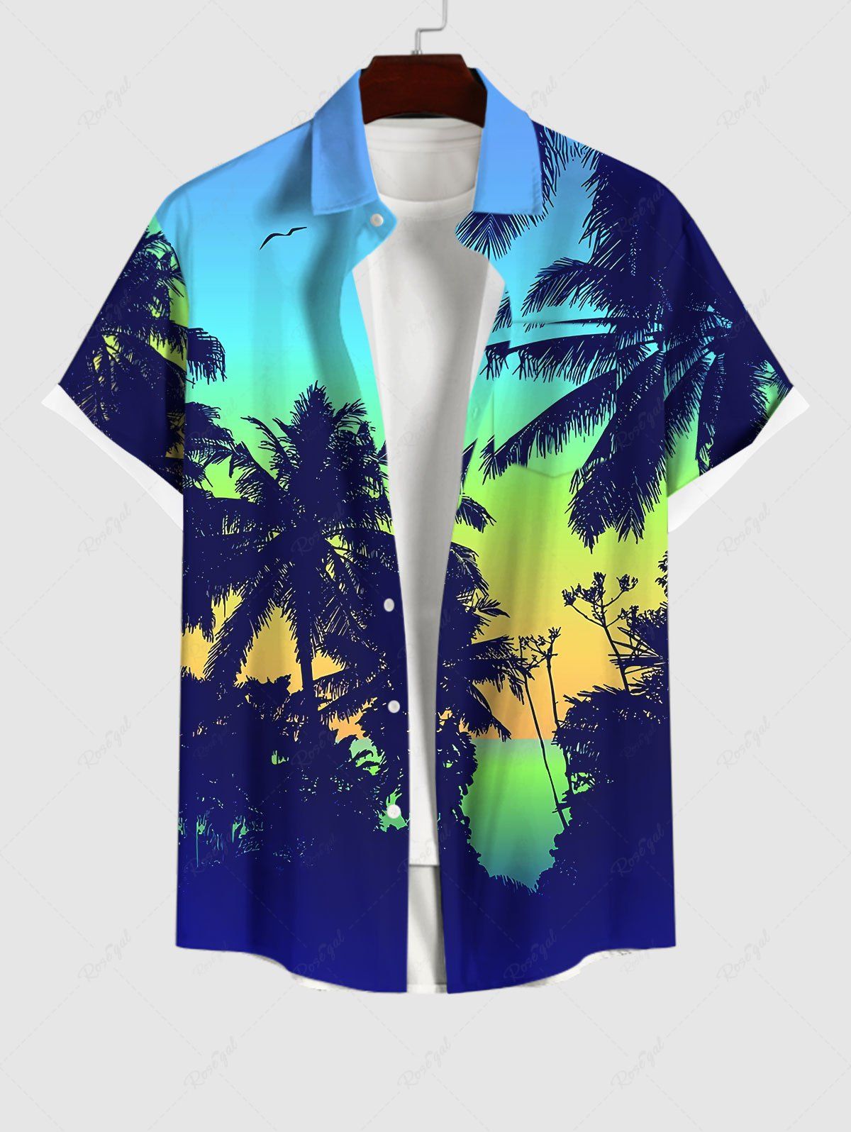 Cheap Plus Size Coconut Tree Bird Ombre Print Buttons Pocket Hawaii Shirt For Men  