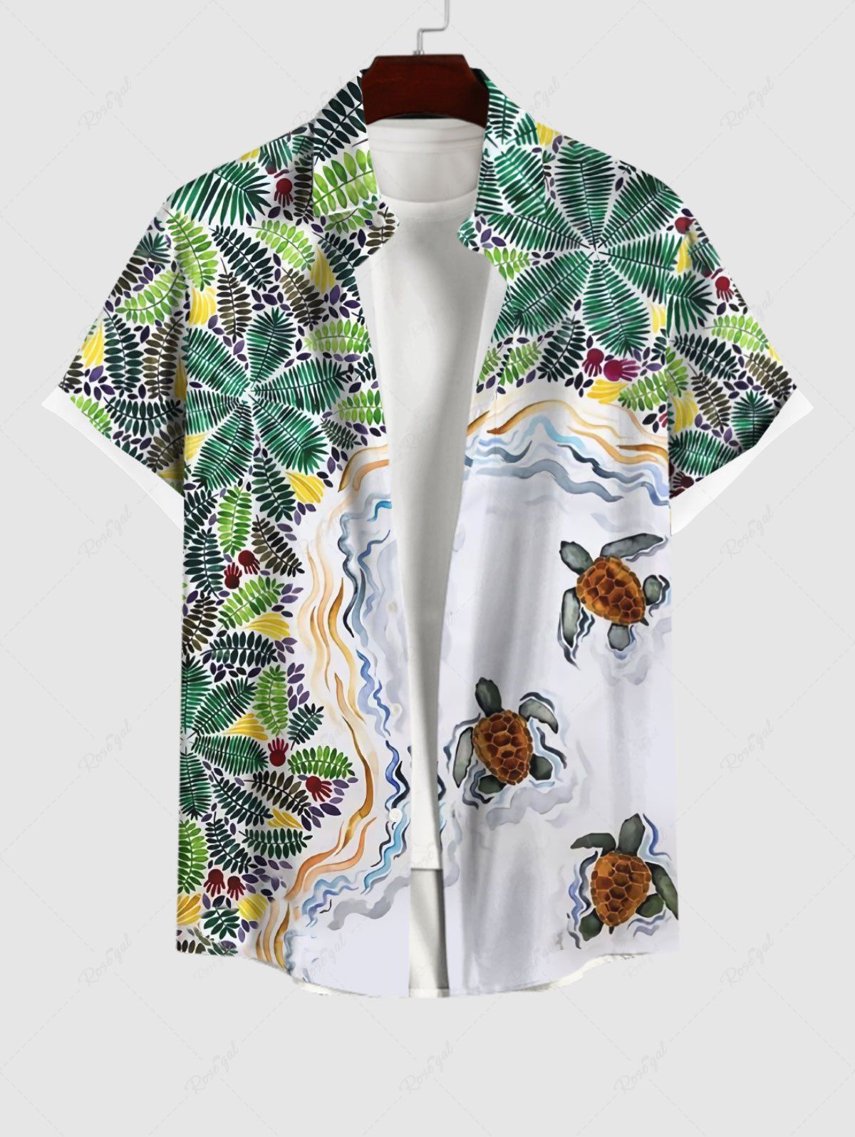 Latest Plus Size Coconut Leaves Turtle Sea Waves Print Hawaii Sea Creatures Button Pocket Shirt For Men  